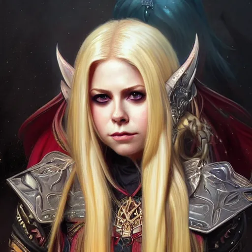 Image similar to Avril Lavigne as a Blood Elf, western, D&D, fantasy, intricate, elegant, highly detailed, digital painting, artstation, concept art, matte, sharp focus, illustration, art by Artgerm and Greg Rutkowski and Alphonse Mucha