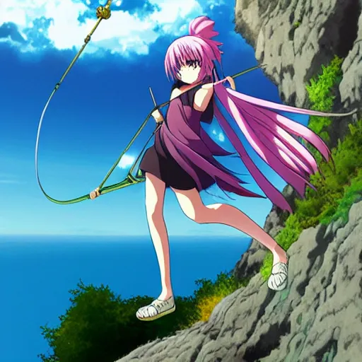 Prompt: Kyaru Momochi with staff stands on a cliff, anime