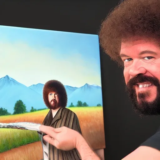 Image similar to a closeup photorealistic photograph of bob ross detailing a canvas painting of kenny powers. film still. brightly lit scene. this 4 k hd image is trending on artstation, featured on behance, well - rendered, extra crisp, features intricate detail, epic composition and the style of unreal engine.