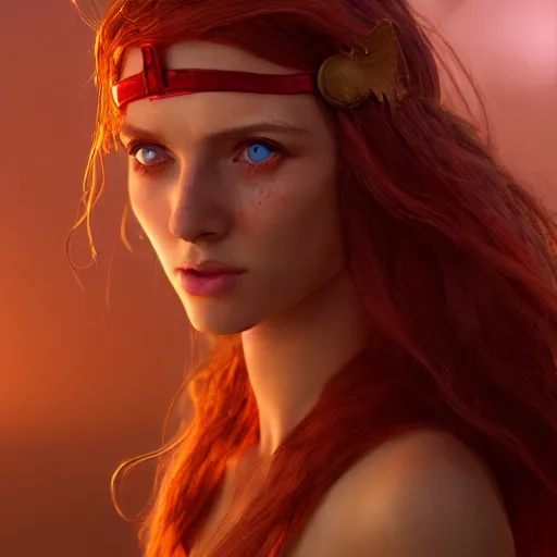 Image similar to nymph render of very beautiful 3d scarlet witch, long hair, hazel eyes, cute freckles, full round face, short smile, golden hour, apocalyptic setting, medium shot, mid-shot, highly detailed, trending on Artstation, Unreal Engine 4k