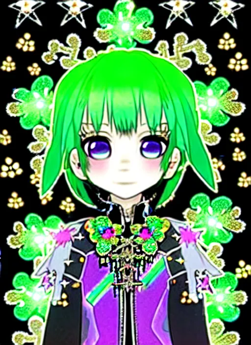 Image similar to baroque bedazzled gothic royalty frames surrounding a hologram of decora styled green haired yotsuba koiwai wearing a gothic spiked jacket, background full of lucky clovers, crosses, and shinning stars, holography, irridescent