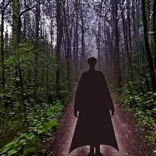 Image similar to bad quality screenshot of a leaked video of nosferatu following me through a forest trail, night time, bright camera flash, camera shaking, realistic, ultrarealistic, 480p, scary