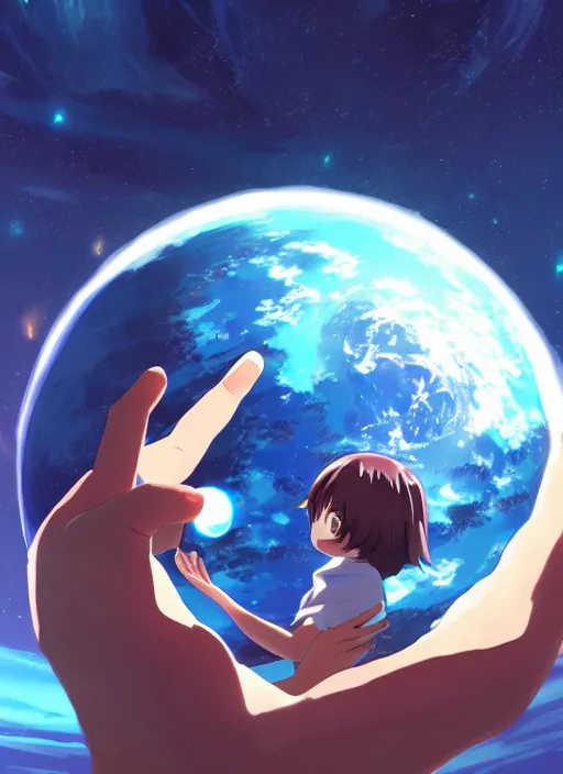 Image similar to a gigantic anime girl in outer space holding one single small blue planet in the palm of her hand. Anime, Makoto Shinkai, empty space, no planets, trending on ArtStation, digital art.