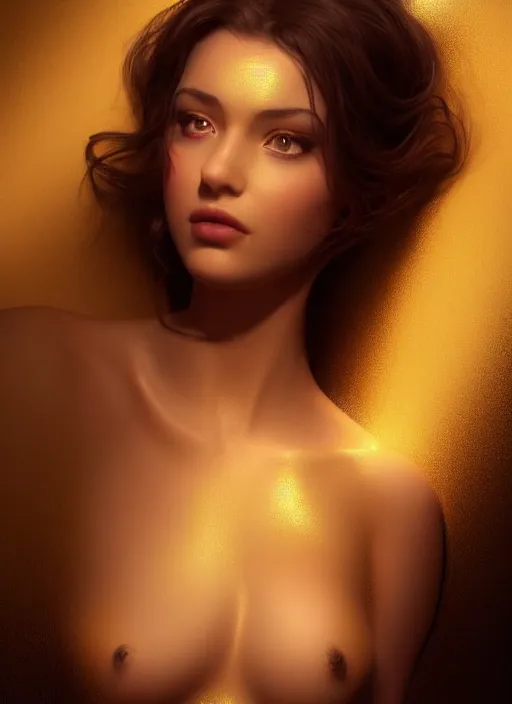 Image similar to young woman beautiful face : : black gold peignoir : : lie in bed at night : : weta disney pixar movie still photo : : decadent highly - detailed digital painting, soft dark light, full length shot, golden ratio, octane render, artstation, smooth, sharp focus, artgerm, mucha, loish, wlop, gogo