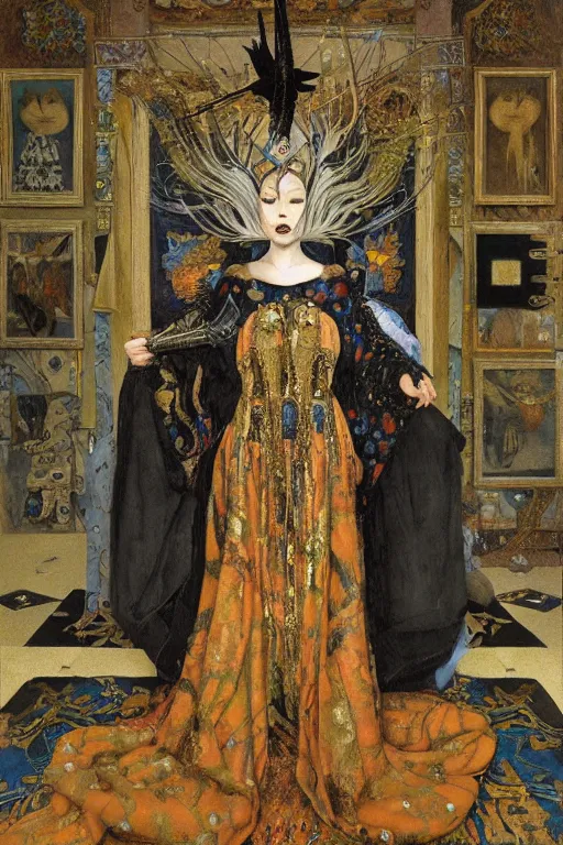 Prompt: portrait of the queen of crows, by Donato Giancola and John Bauer and Vermeer, embroidered velvet, iridescent beetles, rich color, ornate headdress, flowing robes, sacred artifacts, lost civilizations,featured on Artstation, cgisociety, unreal engine, extremely detailed