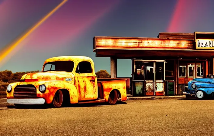 Prompt: A beautiful colorful evening scene of route66 with abandoned gas station and rusty old pickup truck, hyper realistic, blinding backlight evening sun