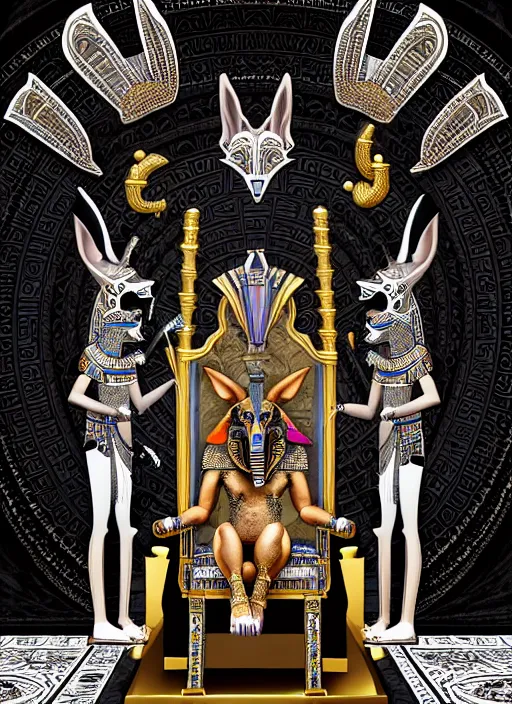 Image similar to angry god anubis, growling jackal with egyptian headdress and nemes, ornate art nouveau marble throne room, black and silver palette, symmetrical background, fantasy, intricate, elegant, highly detailed, colorful, dark colors, dramatic shadow, digital painting, artstation, concept art, art by artgerm and greg rutkowski and ruan jia,