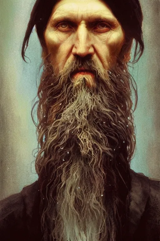 Image similar to grigori rasputin in a religious pose hyperrealistic portrait, bladerunner street, art of elysium by jeremy mann and alphonse mucha and greg rutkowski, fantasy art, photo realistic, dynamic lighting, artstation, poster, volumetric lighting, very detailed face, 4 k, award winning