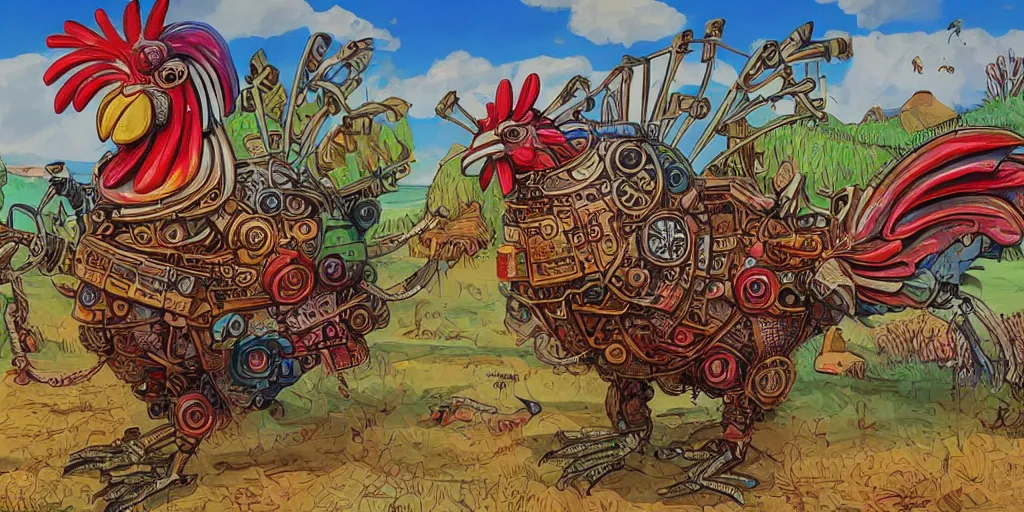 Image similar to colorful illustration of a fully armoured mechanical rooster in a farm landscape, steampunk, mix of styles, detailed, hand painted