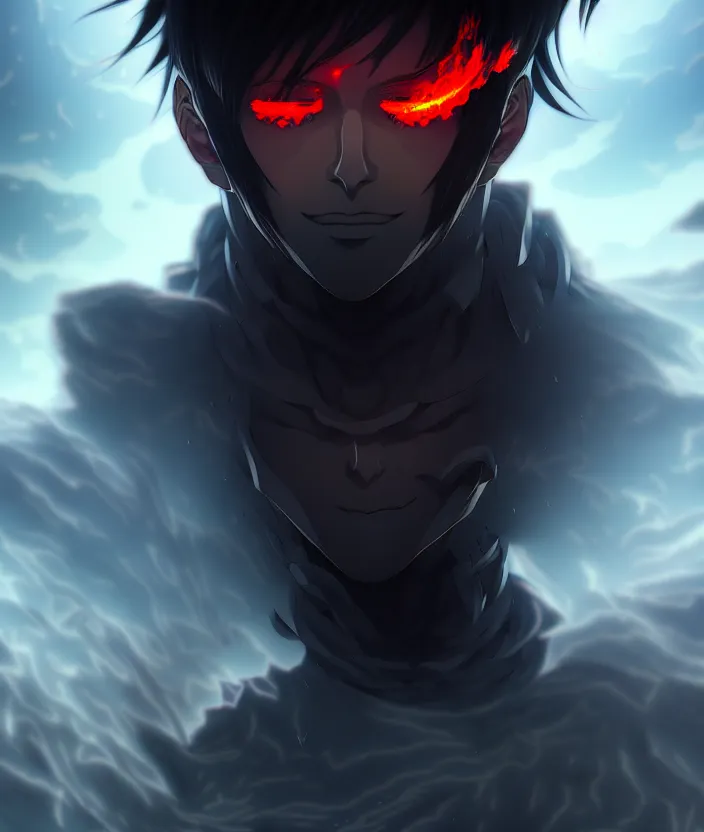 Image similar to a detailed manga illustration character full body portrait of a dark haired cyborg anime man shrouded in clouds of dark smoke and fire, trending on artstation, digital art, 4 k resolution, detailed, high quality, sharp focus, hq artwork, insane detail, concept art, character concept, character illustration, full body illustration, cinematic, dramatic lighting