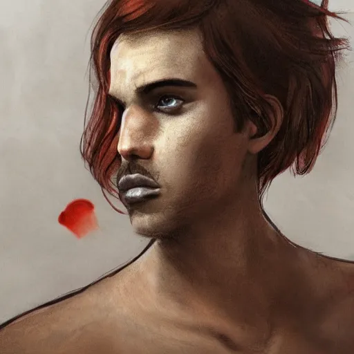 Image similar to portrait of a teen boy with long red hair and a lot of freckles and muscular, intricate, highly detailed, digital painting, artstation, sharp focus, illustration