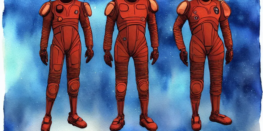 Image similar to male, full body, wide shot, modern space suit, intriguing helmet, stylized character design, the expanse tv series, large shoulders, short torso, long thin legs, tiny feet, science fiction, hyperdetailed, technical suit, dieselpunk, watercolor digital painting, in the style of bruce timm, by alex maleev