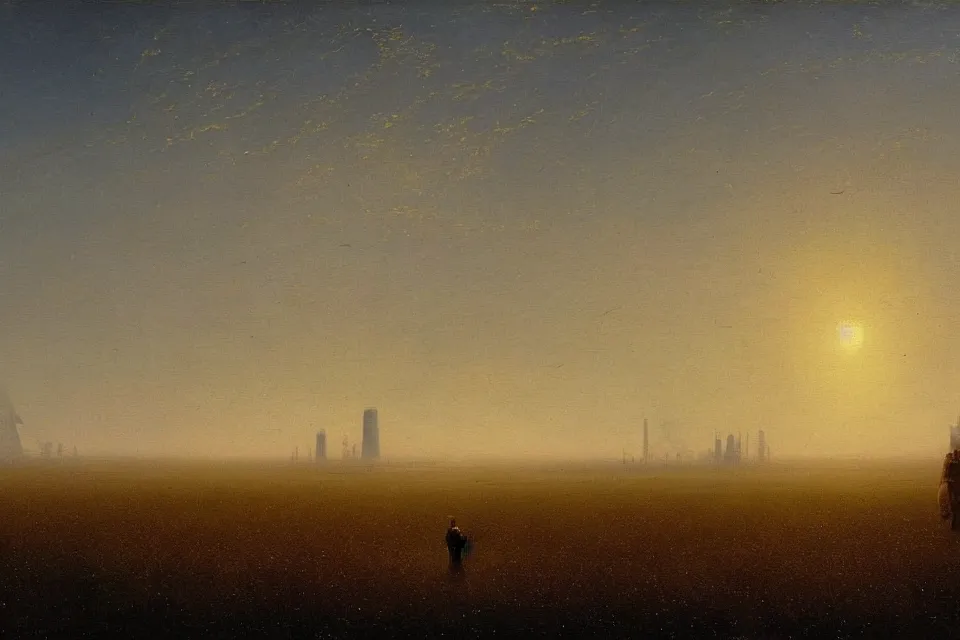 Image similar to sci-fi painting of a large alien city on the vast wheat fields, the closed back view of only one humanoid robot on the ground, by Ivan Aivazovsky, godrays, detailed