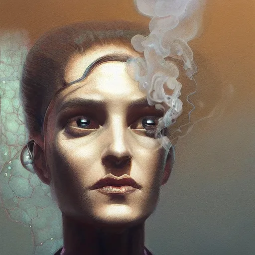 Image similar to detailed face of an intelligent clothed woman with kind eyes in a architectonic courtyard with whisps of smoke at a science expo, atmospheric, ambient, pj crook, syd mead, livia prima, artgerm, greg rutkowski, nick alm, casey baugh