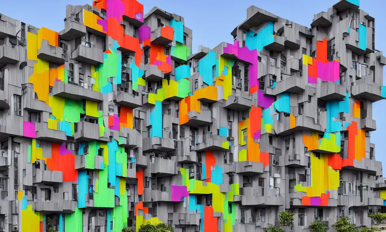 Image similar to african 3 d printed multifamily modern architecture, colorful geometric exterior cladding, architectural sculptural interior, ancestors and future, visually satisfying architecture render