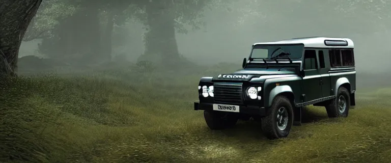 Image similar to Land Rover Defender 110 (1985), The Elder Scrolls V: Skyrim, Riften, The Rift, an epic fantasy, living flora, spriggans, humanoid flora, green floral energy going through spriggans, wooden forest spirits, dramatic lighting, cinematic, establishing shot, extremely high detail, photorealistic, cinematic lighting, artstation, by simon stalenhag