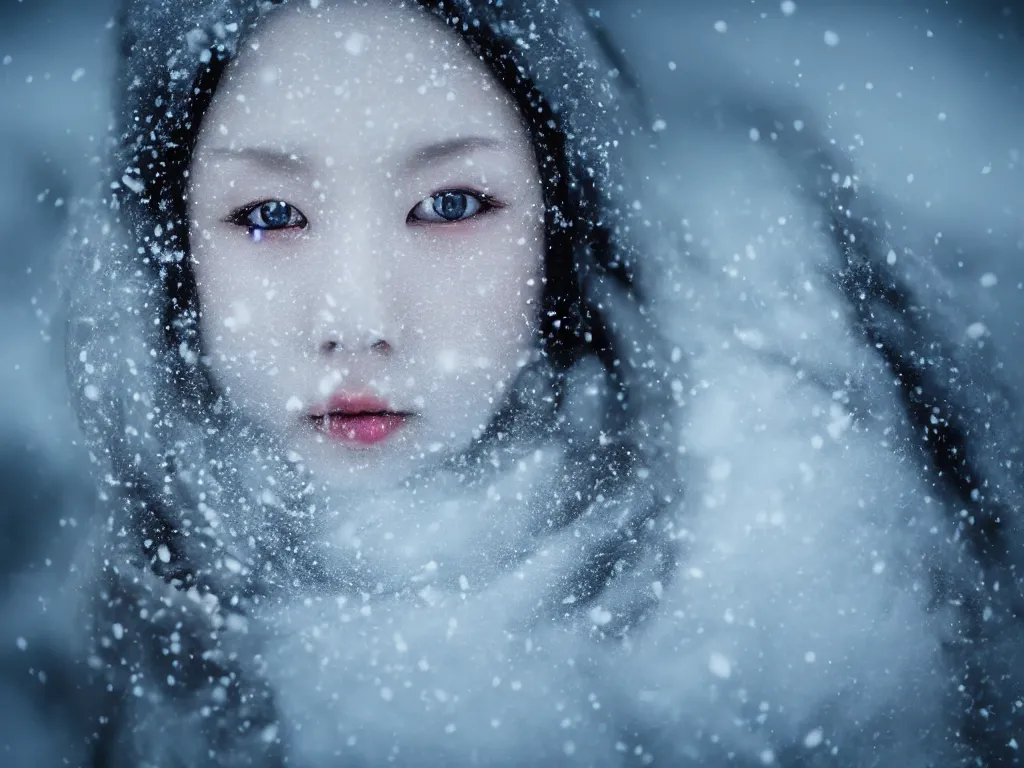 Prompt: the piercing stare of yuki onna, snowstorm, blizzard, mountain snow, canon eos r 6, bokeh, outline glow, asymmetric unnatural beauty, little smile, billowing cape, blue skin, centered, rule of thirds