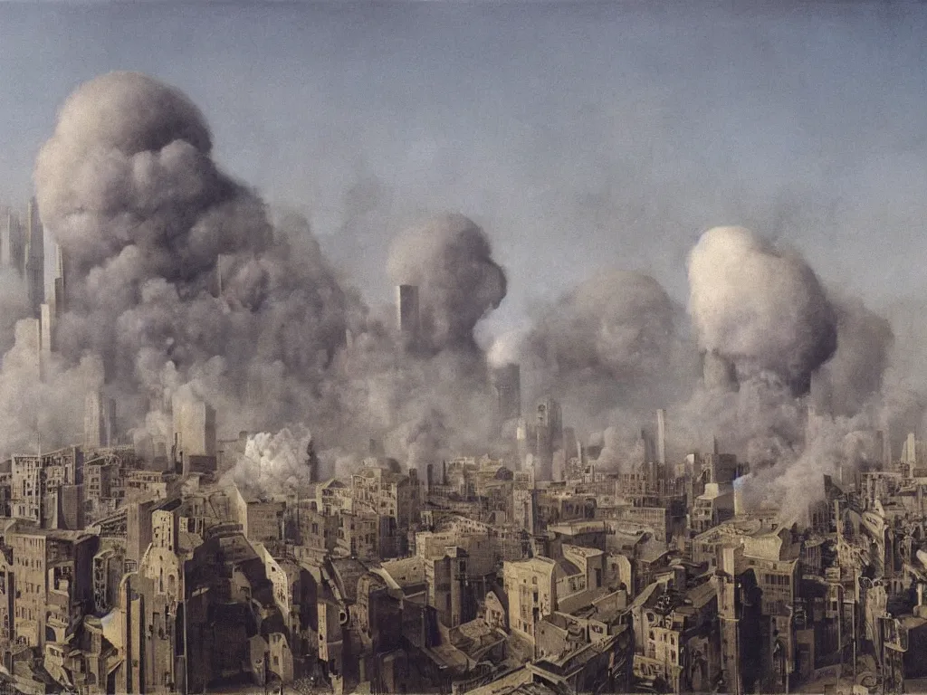 Image similar to albino mystic, looking brutalist metropolis, toxic, industrial with smoke in the distance. Painting by Jan van Eyck, Audubon, Rene Magritte, Agnes Pelton, Max Ernst, Walton Ford