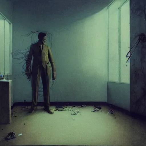 Image similar to depressed fbi agent in a run down motel room, beksinski, wayne barlowe, very coherent symmetrical artwork, cinematic, hyper realism, high detail, octane render, 8 k