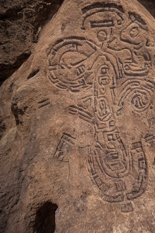 Image similar to 4 k photography of petroglyphs representing crosses, ufo and alien symbols on a cave