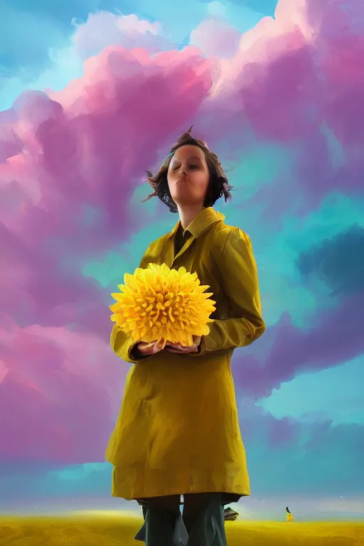 Image similar to closeup girl with giant yellow dahlia flower face, standing on mountain, surreal photography, blue storm clouds, dramatic light, impressionist painting, digital painting, artstation, simon stalenhag