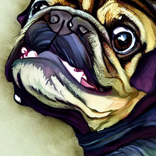 Prompt: vicious roaring pug by Milka Oxana, painterly, digital art. Trending on artstation, post processing, pen and ink work. sharp focus.