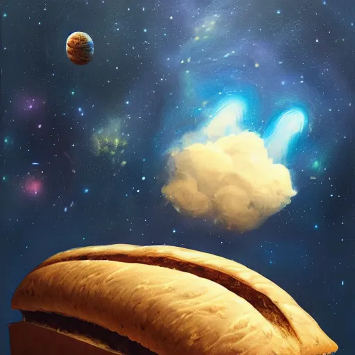 Image similar to loaf of bread in space, stylish painting, dramatic, bread, milky way galaxy, artstation award, concept art