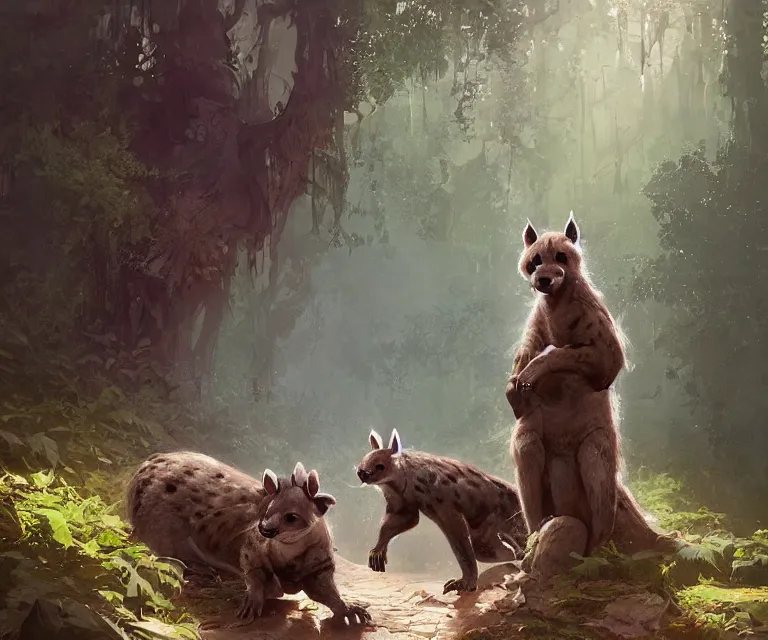 Image similar to a beautiful painting of a cute brown hyena and a gray otter in a forest. disney character design by cory loftis, fenghua zhong, ryohei hase, ismail inceoglu and ruan jia. artstation, volumetric light, detailed, photorealistic, rendered in octane