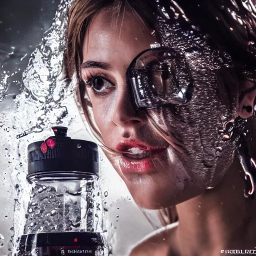 Prompt: dslr photo of a blender full of water, glass shattering in slow motion, full bodied portrait, artgerm, artstation, very high quality, intricate details, extremely high quality, moody lighting, real camera, real photo, 8 k, full subject in shot
