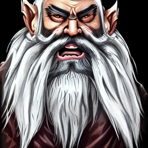 Prompt: concept art of old angry dwarf with white beard and hair, wearing wolf pelt, with runic geometry face tattoos