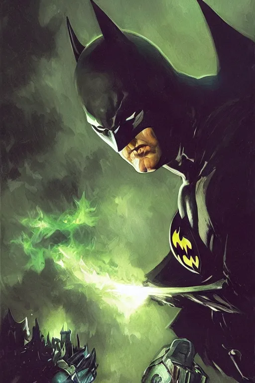 Image similar to angry batman, with dark ghost smokes around, green scary lights, dark fantasy color scheme, gaston bussiere, craig mullins, j. c. leyendecker, cinematic, mysterious, artgem, unreal engine