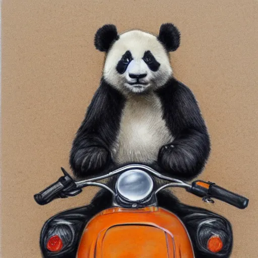 Image similar to a panda in a brown leather jacket riding a motorbike, modernism, colored pencil sketch, 8 k, ultra detailed