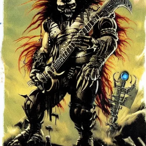 Prompt: Heavy metal Ork, Orkboy, Ork, 80s metal, mohawk, shaggy hair, New Wave of British Heavy Metal, Frank Frazetta, pulp art, illustration