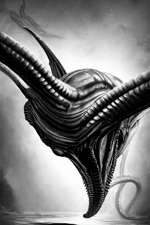 Prompt: black and white, hammerhead, underwater xenomorph alien, tentacles, highly detailed, digital painting, artstation, concept art, smooth, sharp focus, illustration, unreal engine 5, 8 k, art by carlos huante and giger and beksinksi and ifbb pro fitness photograph