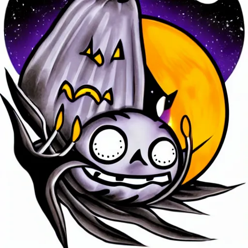 Image similar to cartoon tattoo of a halloween pumpkin with glowing eyes on arm with light shading in the background, night time scene in graveyard with full moon and bats flying, mist