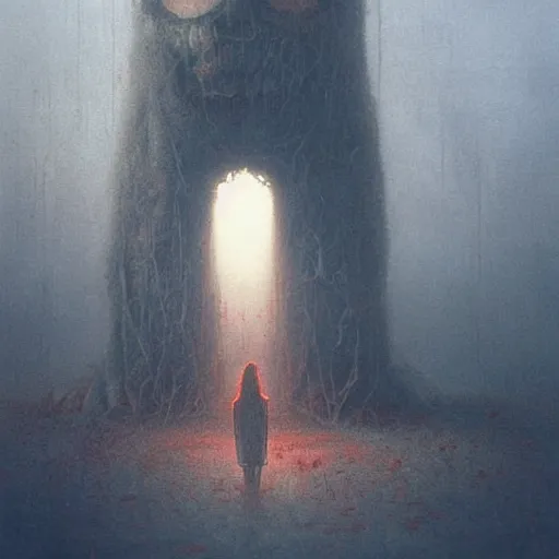 Image similar to a giant talking to miniscule human, by greg rutkowski + beksinski, atmospheric, cinematic, dramatic colors, horror