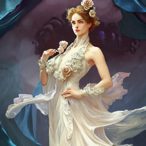 Image similar to woman dressed in a vaporous wrapped large victorian cream roses silk semi-transparent blue and cream dress fashion is running D&D, fantasy, intricate, elegant, highly detailed, digital painting, artstation, concept art, matte, sharp focus, illustration, art by Artgerm and Greg Rutkowski and Alphonse Mucha