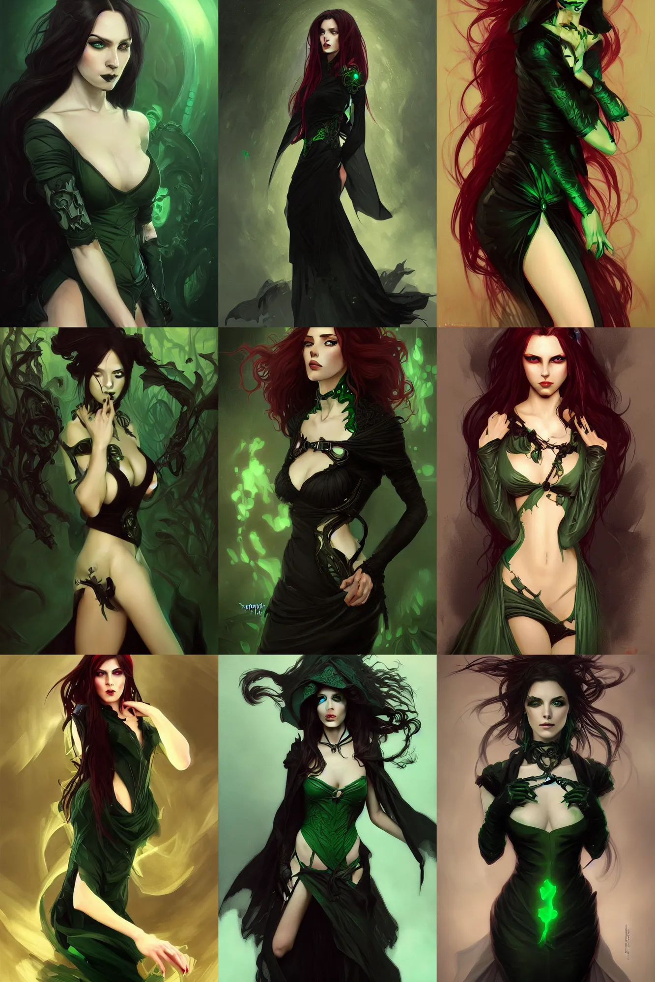 Image similar to portrait of a dark fantasy seductive female necromancer, stylish black dress, green eyes, long red hair, fantasy, elegant, intricate, full frontal shot, highly detailed, digital painting, artstation, concept art, sharp focus, illustration, art by artgerm and greg rutkowski and alphonse mucha