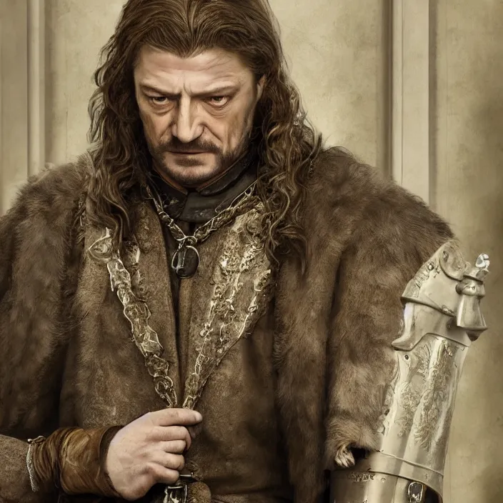 Image similar to professional photographic portrait of eddard stark as machiavelli in a venice bank, renaissance style, fine art piece, incredible detail, vray rendering, high octane,