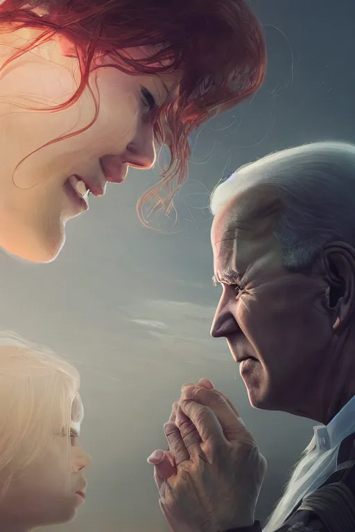 Image similar to beautiful portrait of Joe Biden sniffing young maiden's hair, Cinematic lighting, ultra realistic 3D, beautifully lit, ray traced, octane render by Peter Mohrbacher and Peter Gric