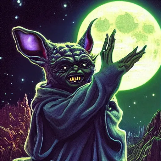 Image similar to portrait of yoda howling at the moon and transforming into a werewolf, overwhelming energy, detailed background by m. w. kaluta + bruce pennington, dark side, neon color, three moons, tiny stars, volumetric lighting, colorful vapor, deep dark color, floating molecules, digital painting, oil painting, artwork by ralph mcquarrie + cory loftis + andreas rocha + paul lehr + ian mcque + eddie mendoza