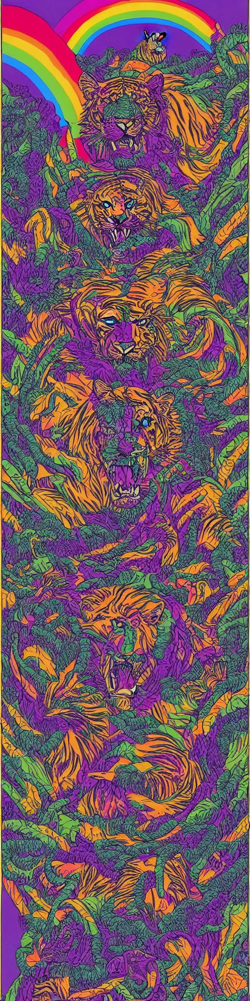 Image similar to tiger lion and bear dissolving into neon pieces, cubensis, aztec, basil wolverton, r crumb, hr giger, mc escher, dali, muted colors, muted rainbow tubing, folds and creases, hills and bumps