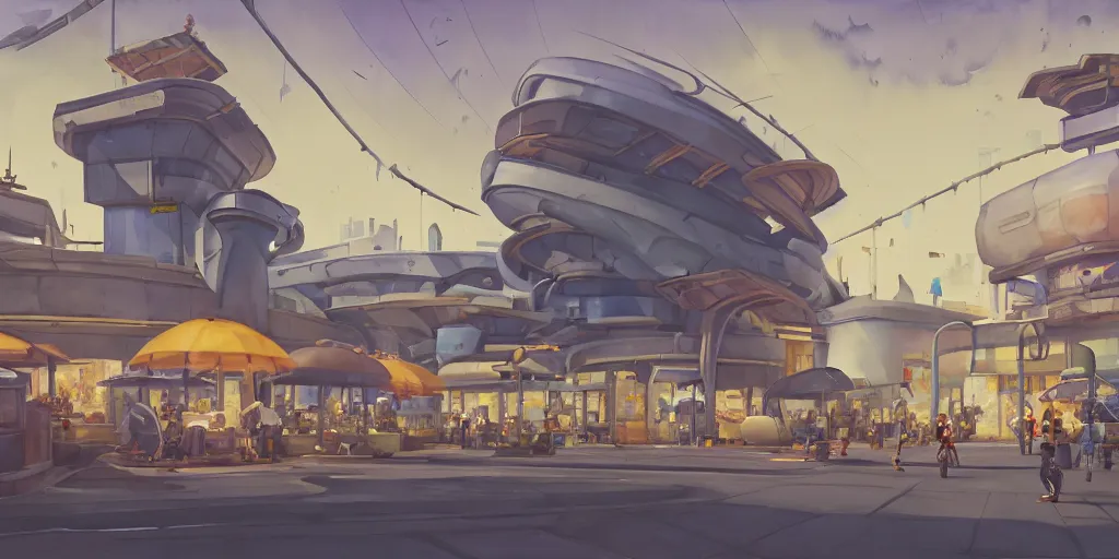 Prompt: overwatch building, stylized, exterior, architecture, in watercolor gouache detailed paintings, insanely detail, artstation, 8 k, futuristic, big medium small, arcane, simon stalenhag, food stall, interesting shapes & form, golden ratio, megastructures, vitaly bulgarov, mall, elites, clean, night scene, afterdark, evening