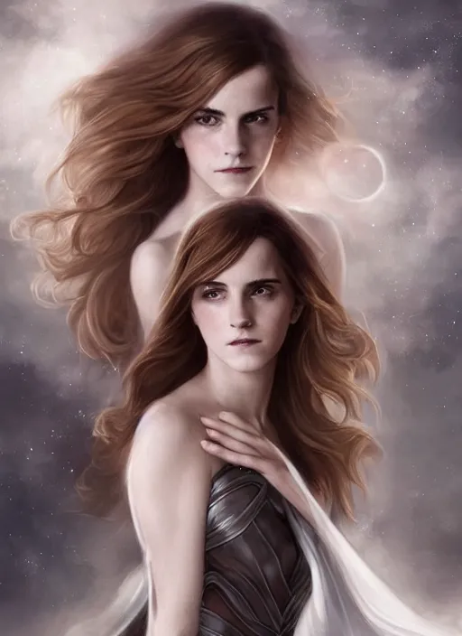 Image similar to emma watson as dark magic celestial, long hair, white and transparent cloth, space, D&D, shiny background, intricate, elegant, highly detailed, digital painting, artstation, concept art, smooth, sharp focus, illustration, artgerm, bouguereau