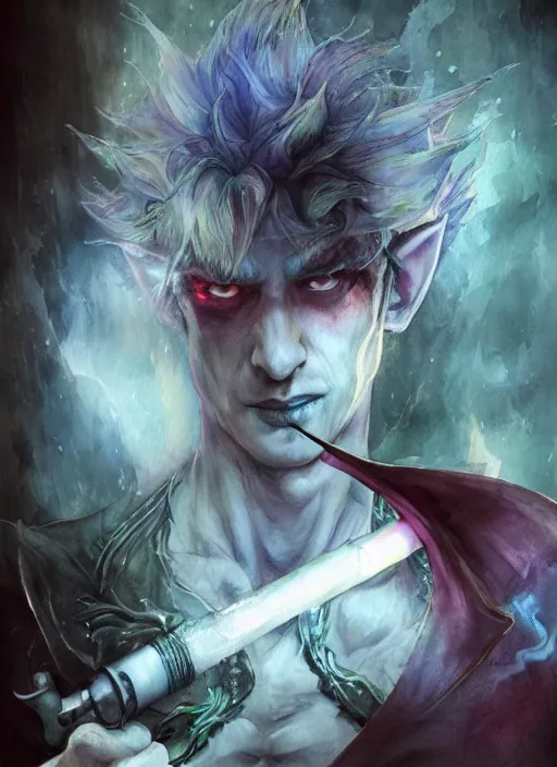 Prompt: portrait, male elf vampire rouge, smoking a magical bong, watercolor, dramatic lighting, cinematic, establishing shot, extremely high detail, foto realistic, cinematic lighting, pen and ink, intricate line drawings, by Yoshitaka Amano, Ruan Jia, Kentaro Miura, Artgerm, post processed, concept art, artstation, matte painting, style by eddie mendoza, raphael lacoste, alex ross