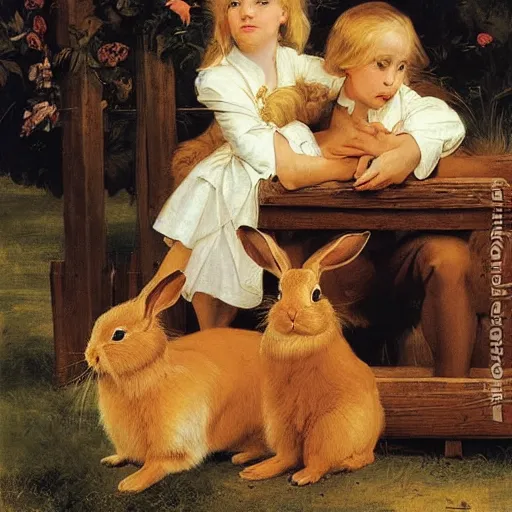 Image similar to a beautiful portrait of a family of bunnies with long golden blond hair gazing warmly at the viewer, golden hour, by J.C Leyendecker and Peter Paul Rubens