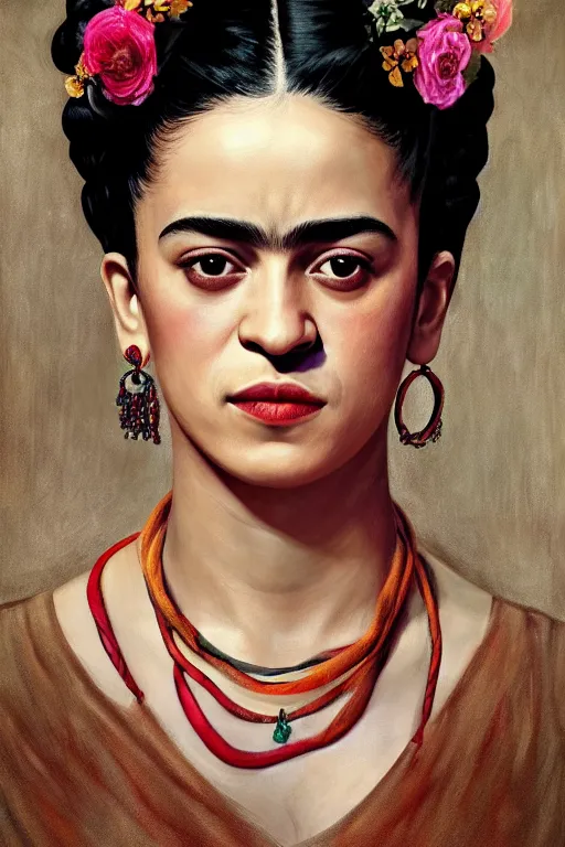 Image similar to camila cabello as frida kahlo, looking down, au naturel, hyper detailed, digital art, trending in artstation, cinematic lighting, studio quality, smooth render, unreal engine 5 rendered, octane rendered, art style by klimt and nixeu and ian sprigger and wlop and krenz cushart