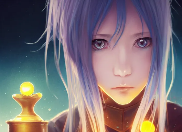 Prompt: beautiful rimuru playing chess, with amber eyes of golden colored eyes, straight hair, sky blue hair, long bangs, high collar, concept art, award winning photography, digital painting, cinematic, by wlop, anime key visual, wlop, 8 k, by ross tran, tom bagshaw, andy warhol