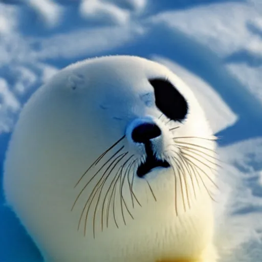 Prompt: a film still of a baby harp seal as hector escaton, westwood 2 0 2 0