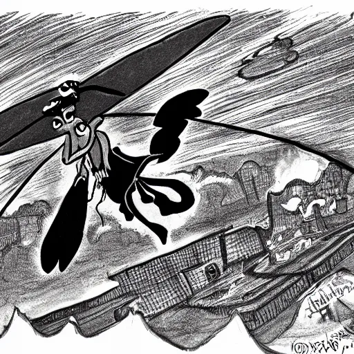 Image similar to an imp flies over a hellscape. drawing style like the Tex Avery show.